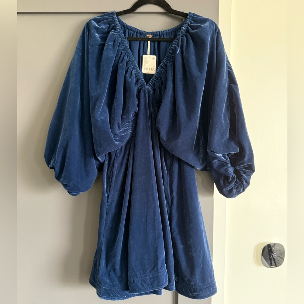 Free People Portia Blue Velvet Dress with Puff Sleeves
